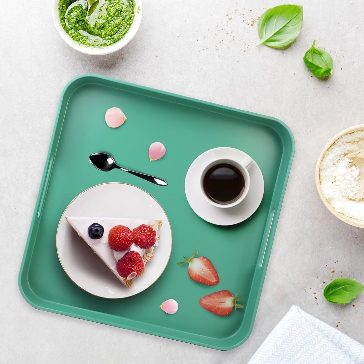 Square Green Decorative Serving Tray with Handles, Versatile Ottoman Tray for Coffee Table, Entertaining, Outdoor Patio, Living Room, 13”*13”*1.6”