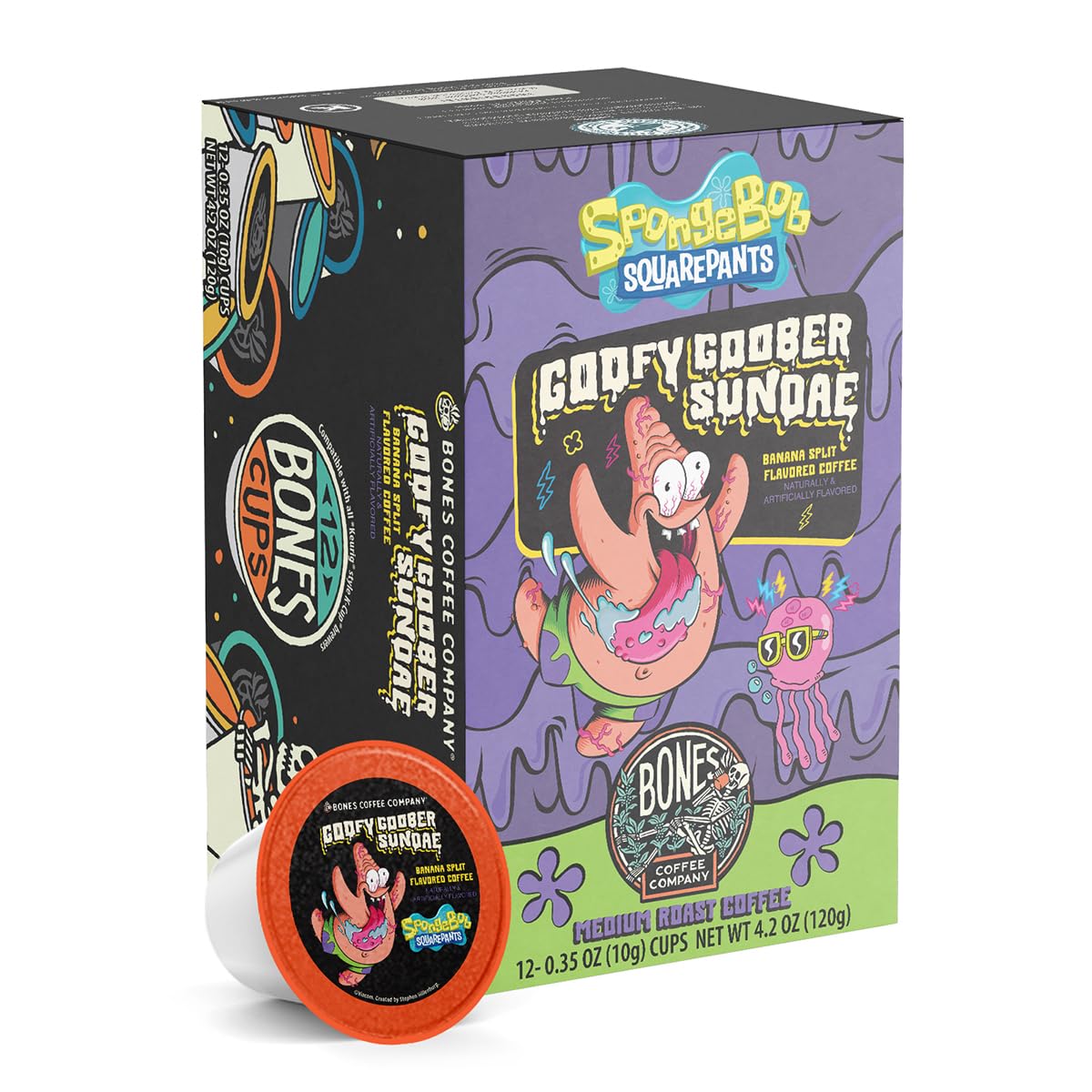 Bones Coffee Company Spongebob Goofy Goober Sundae, Banana Split Flavored Coffee Pods, Low Acid Medium Roast Single-Serve Bones Cups, Compatible with1.0 & 2.0 Capsule Brewers Coffee Maker, 12 Count