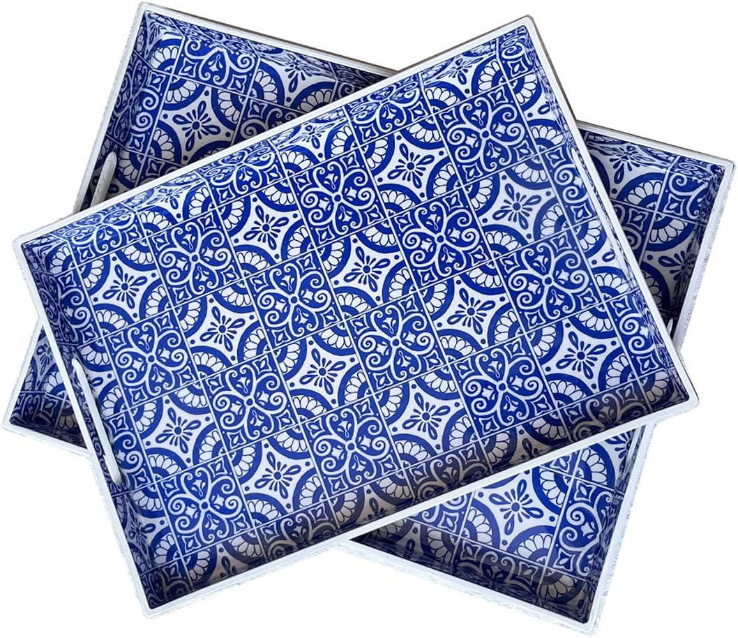 2 Pack Serving Tray with Handles, Rectangular Decorative Trays for Coffee Table, Modern Blue Plastic Ottoman Tray for Living Room, Bathroom, Kitchen, Decor, (Boho Blue)