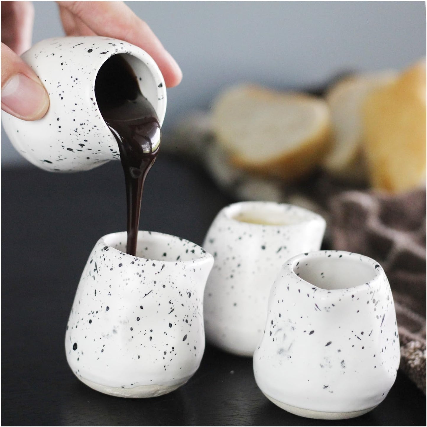 roro Handmade Ceramic Mini Creamer Cups – Set of 4, Dimpled White Matte Speckled Stoneware, 3-Inch Small Pitchers for Coffee, Espresso, Milk, or Sauce