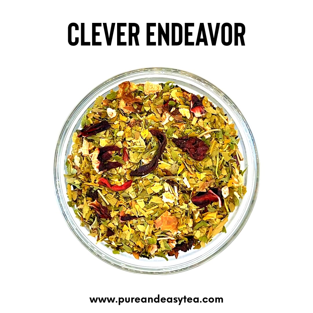 Pure And Easy Tea, Clever Endeavor, Natural Focus & Mental Clarity Tea, Caffeinated Loose Leaf Blend with Ginkgo Biloba & Yerba Mate, 30-Day Supply, 100g