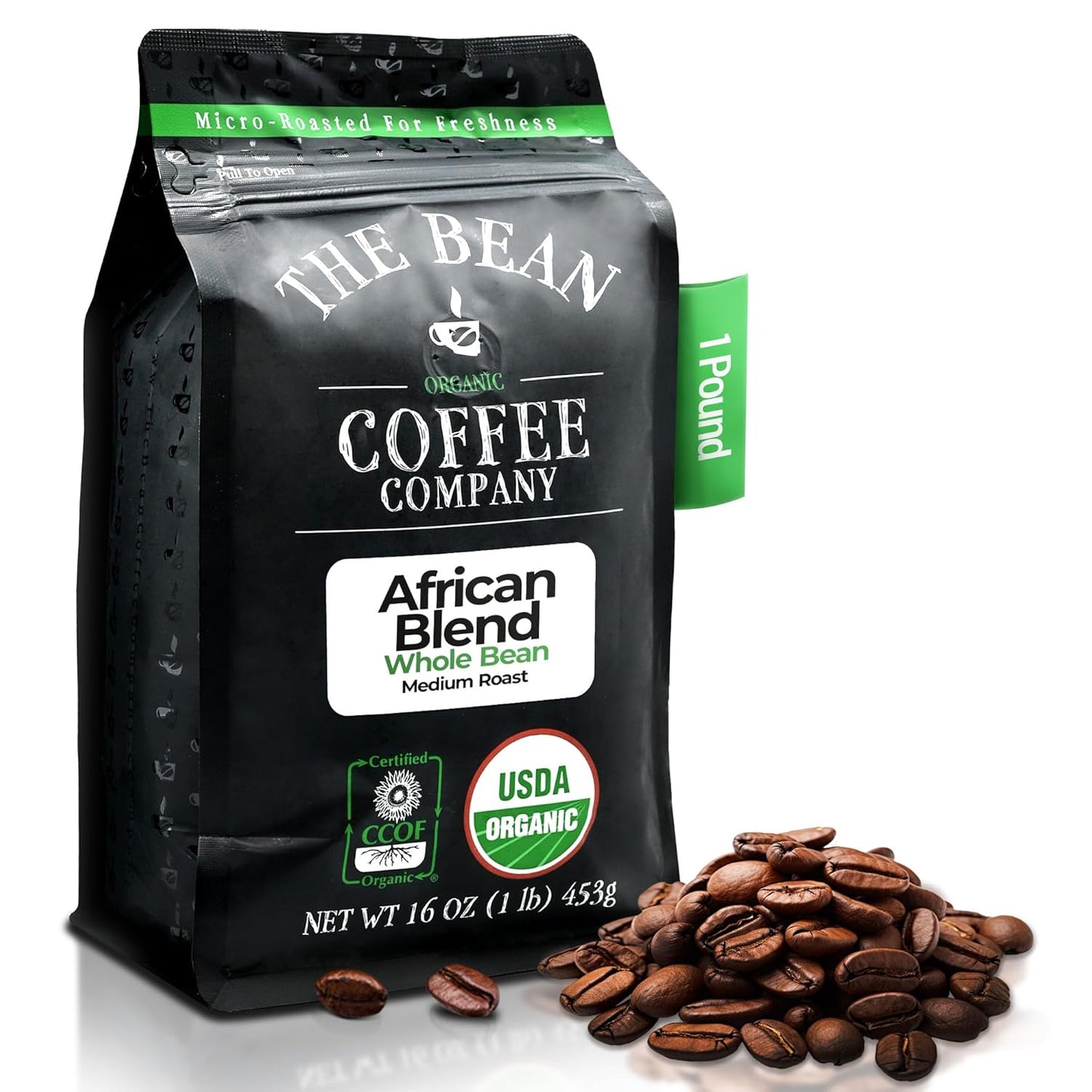 The Bean Organic Coffee Company African Blend, Medium Roast, Whole Bean Coffee, 16-Ounce Bag