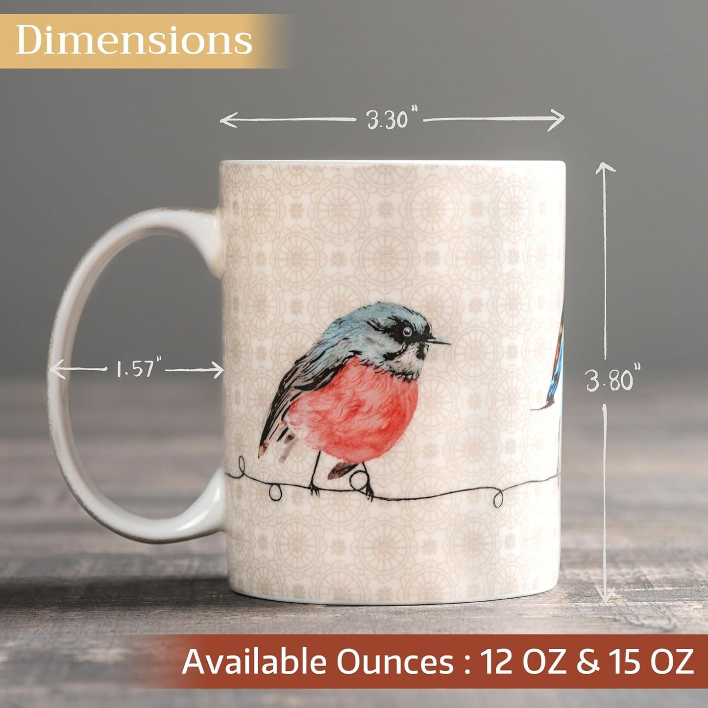 Maison d' Hermine Coffee Mug with Handles Fine Bone China Mugs Pack of One Tea Cups for Hot Beverages Cappuccino Latte Home Restaurant Office Perfect for Gift (Birdies On Wire - Robin, 15 Ounce)