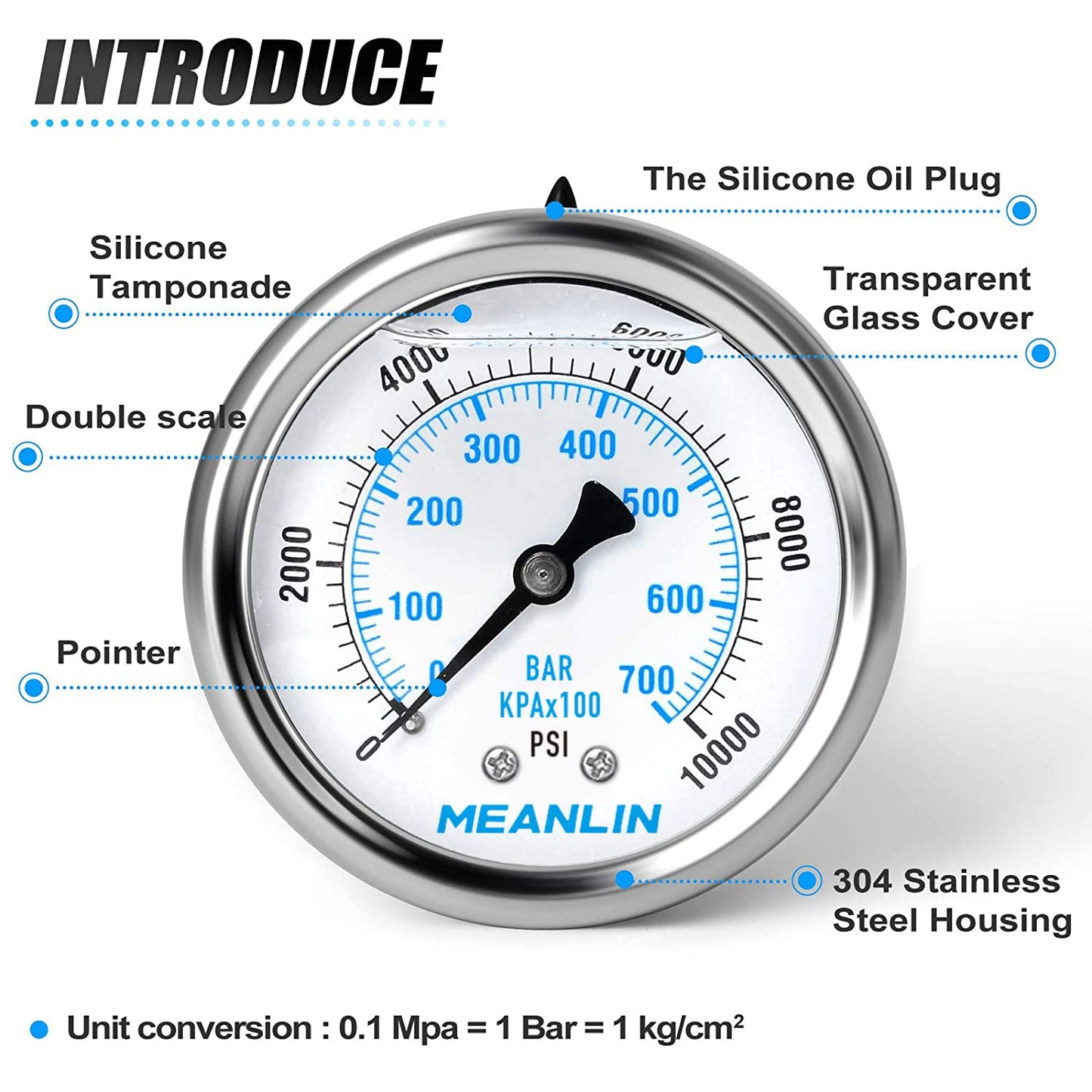 MEANLIN MEASURE 0~10000Psi Stainless Steel 1/4" NPT 2.5" FACE DIAL Liquid Filled Pressure Gauge WOG Water Oil Air Center Back Mount, with 1/4" x 1/2" NPT and 1/4" x 3/8" NPT Hex Bushing