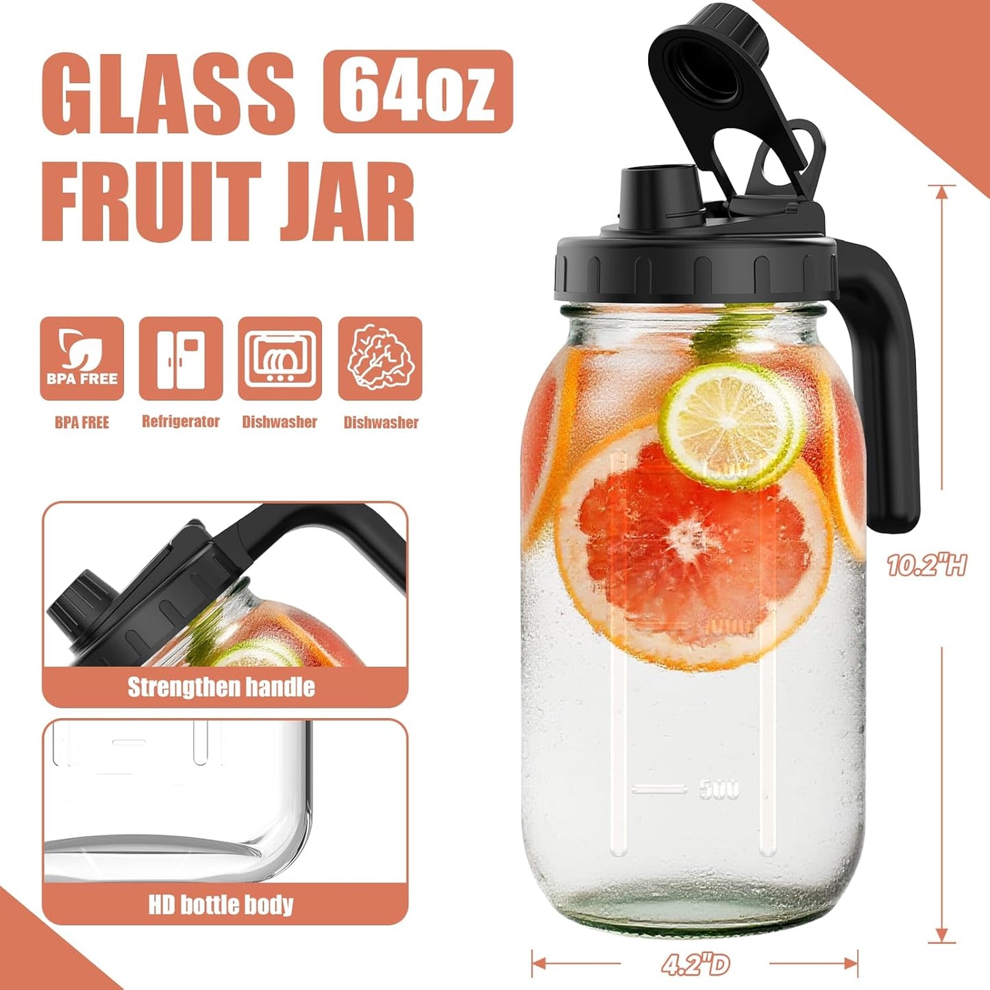 2 Pack 64oz Glass Mason Jar Pitchers with Wide Mouth & Measurement Marks – Leak-Proof Twist Lids for Cold Drinks, Iced Tea, Lemonade, and Juice