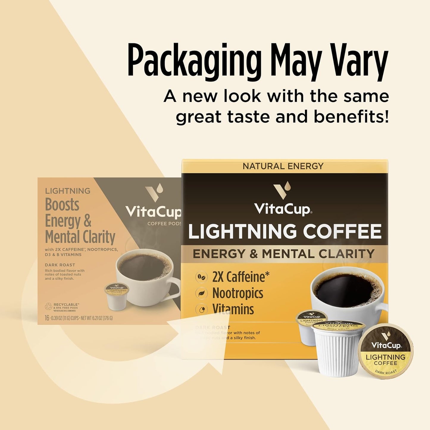 VitaCup Lightning Coffee Pods, for Memory & Focus w/ 2X Caffeine, Green Coffee Bean, B Vitamins, D3, Strong Dark Roast, Recyclable Single Serve Pod Compatible with Keurig K-Cup Brewers,32 Ct
