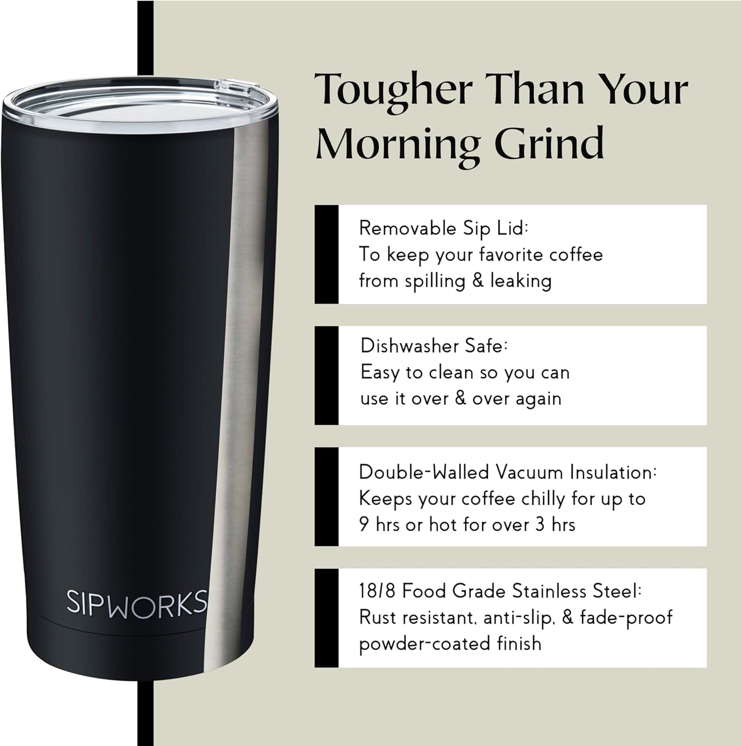 Stainless Steel Coffee Tumblers with Lids - 20z Double Walled Vacuum Insulated for Hot & Cold Drinks - Spill Resistant Travel Tumbler - Midnight Black