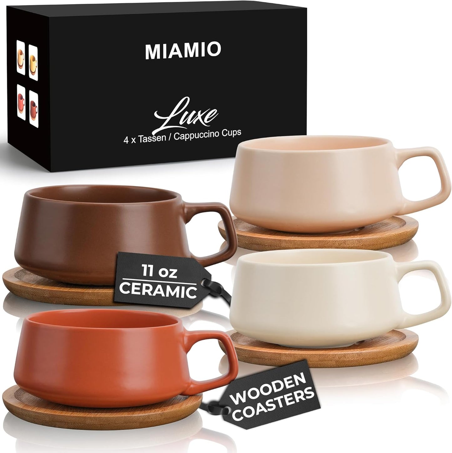 MIAMIO – 11 Oz., Set of 4 Ceramic Tea Cup and Saucer Bamboo/Tea Mug - Wide Cappuccino Cup, Coffee Cups Ceramic Mug for Cappuccino, Latte, Espresso & Americano - Luxe Collection (Beige Pastel)