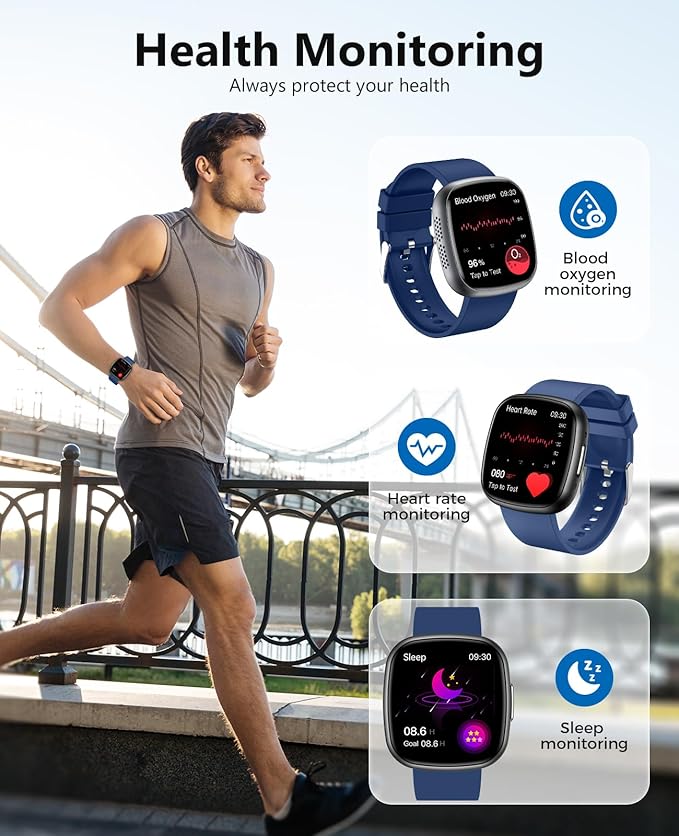 Smart Watches for Men Women,1.72" HD Touch Screen Fitness Tracker with Answer/Make Calls,IP68 Waterproof Heart Rate/Sleep/SpO2 Monitor, Pedometer, 100+ Sport Modes，Smartwatch for Android iPhone,Blue