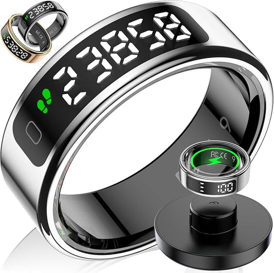 Smart Ring with LED Display Screen, Fitness Tracker Smart Rings for Women Men, Health Ring for iOS & Android, Sleep Tracker Ring Compatible with Heart Rate, SpO2, Sleep, Step (Silver, 8)