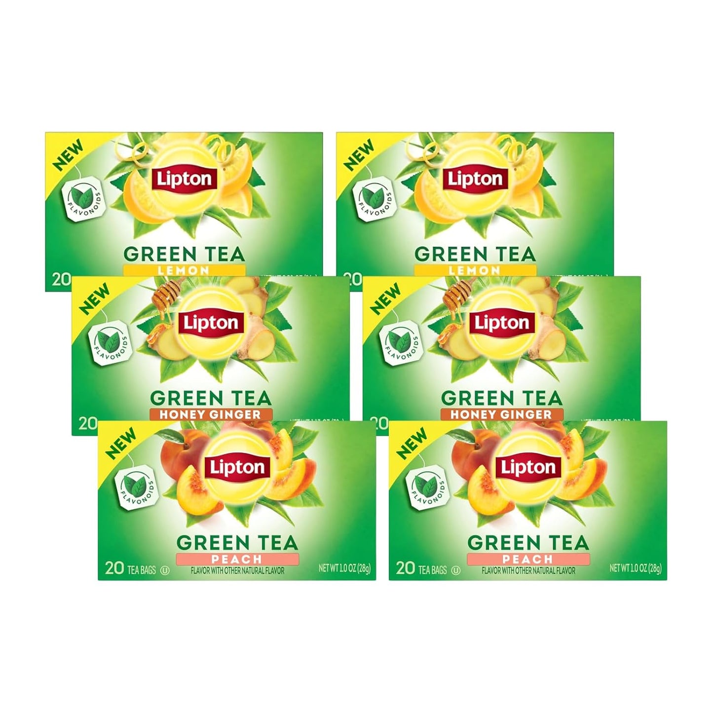 Lipton Honey Ginger Green Tea, Lemon Green Tea, & Peach Green Tea 20 CT (2ea) (Variety Pack)