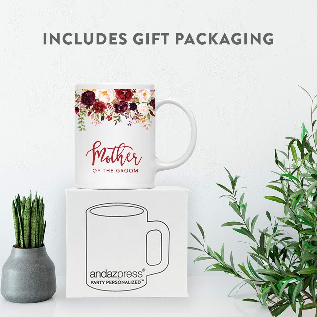 Andaz Press 11oz. Wedding Ceramic Coffee Tea Mug Gift, Fall Autumn Marsala Burgundy Flowers Roses Florals, Mother of the Groom, 1-Pack, Includes Gift Box