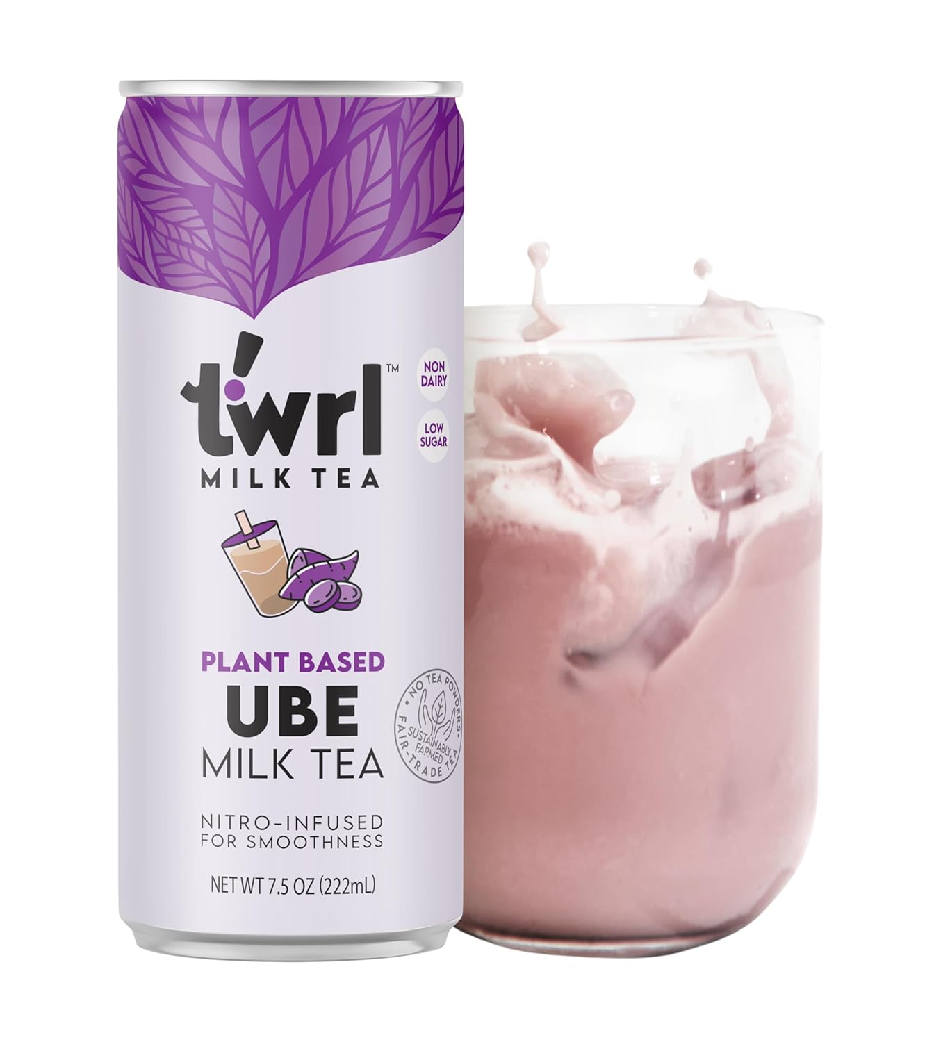 Twrl Milk Tea - Ube Milk Tea Made with Plant-Based Milk, Caffeine-Free, Low Sugar, Organic, Antioxidant-Rich and Nitro-Infused for Smooth Taste - 7.5 Ounce, Pack of 12