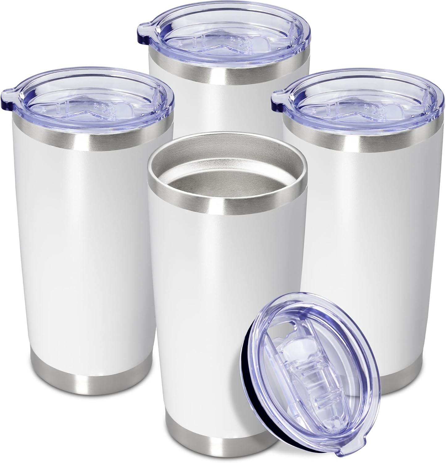 20 oz Tumbler Coffee Tavel Tumblers Bulk with Lid Stainless Steel Double Wall Vacuum Insulated Mug Powder Coated Cups fit Car Cupholder for Hot and Cold - White, 4Pack