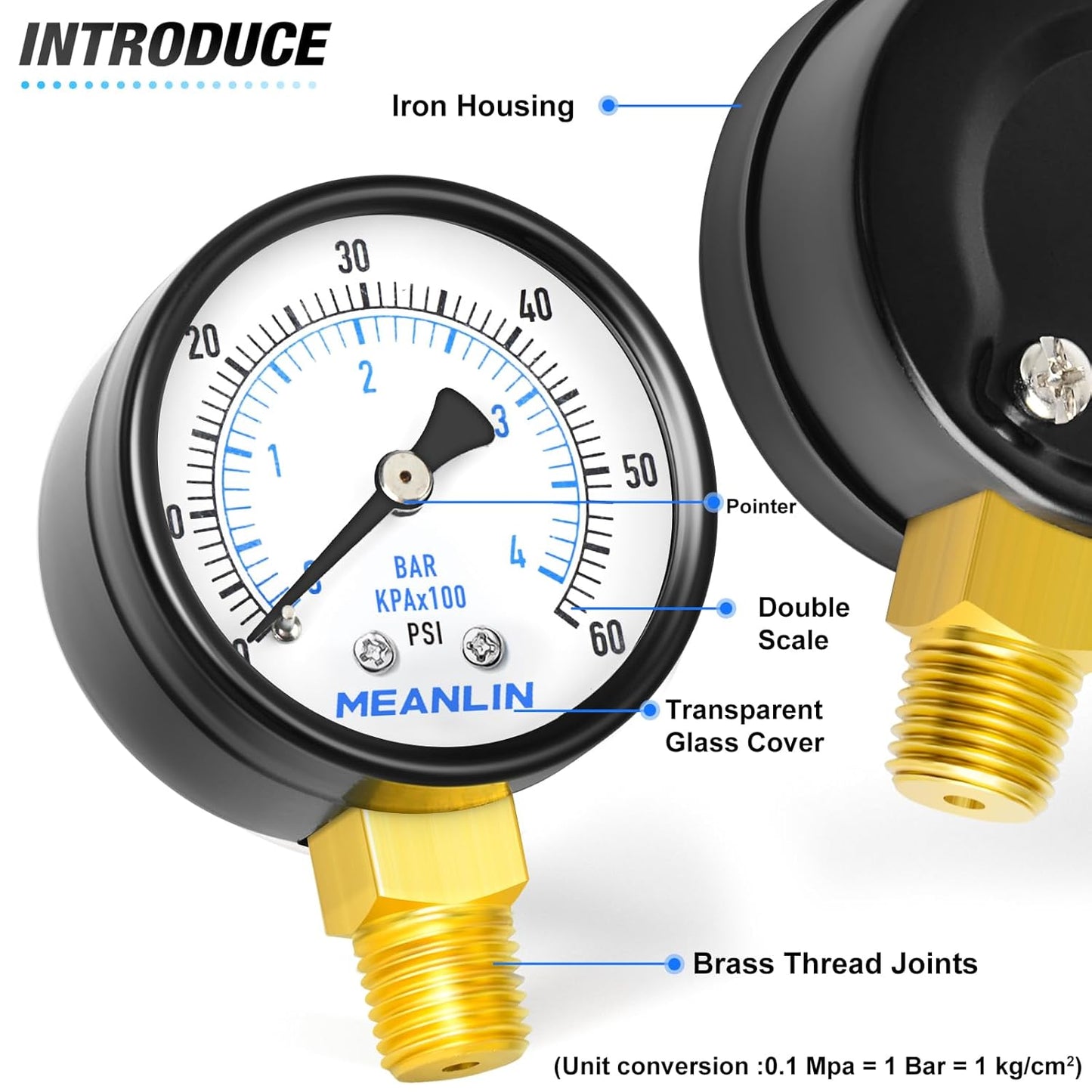 MEANLIN MEASURE 0-60Psi Well Pump Pressure Gauge 1/4" NPT 2" FACE DIAL for Pool Filter Pump Water Oil Air Compressor Tire Pressure Tester Lower Mount, with Teflon Tape