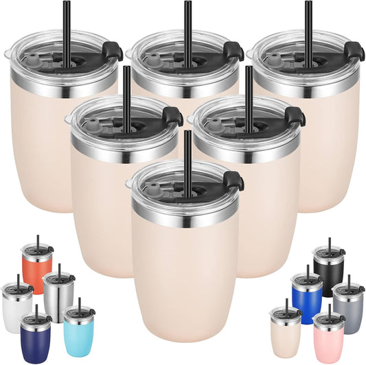 VEGOND Stainless Steel 12 oz Tumblers bulk Vacuum Insulated Double Wall Travel Tumbler with Lid and Straw Reusable Tumbler, Beige 6 pack