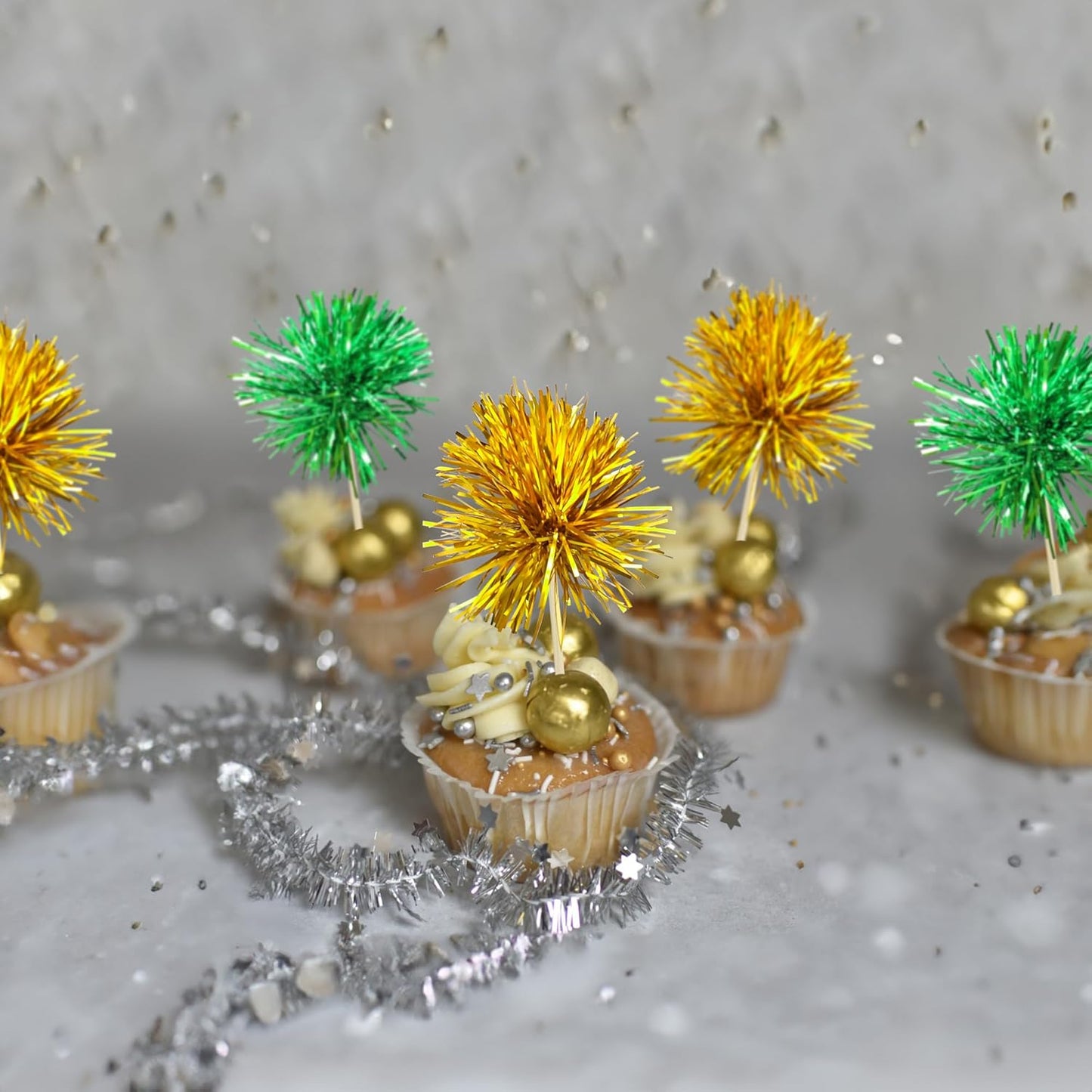 Gyufise 30Pcs Foil Firework Cupcake Toppers Sparkle Tinsel Cake Toppers Tinsel Drink Cake Decoration Cocktail Picks for Birthday Wedding Graduation Party Supplies Gold Green