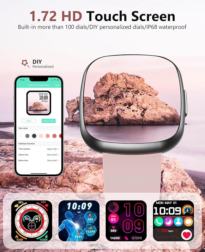 Smart Watches for Men Women with Bluetooth Call 1.72" HD Touch Screen Fitness Watch with Heart Rate/Sleep Monitor,100+ Sports Modes Fitness Tracker Smartwatch with IP68 Waterproof for Android iOS,Pink