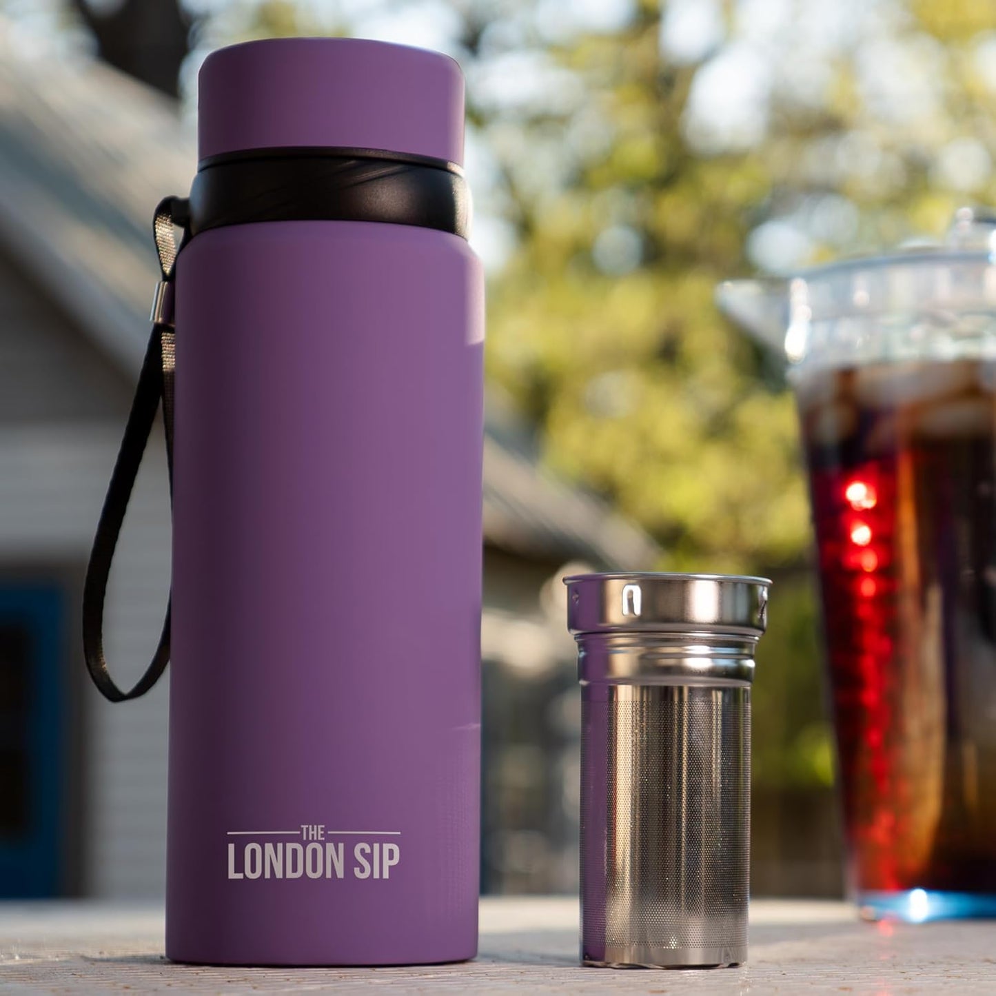London Sip 25 oz Multi-Purpose Tea Infuser Mug – Fruit Infuser Water Bottle for Hot and Cold – Double Wall Stainless Steel Insulated, Purple