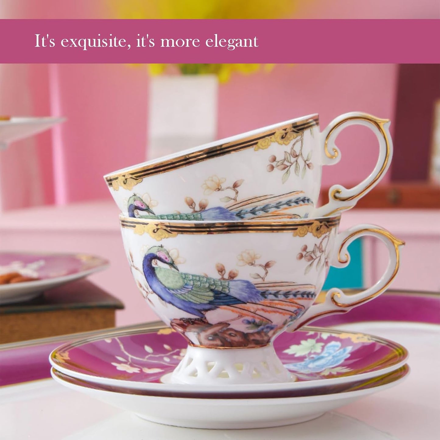 ACMLIFE Fine Bone China Tea Set for Adults with Teapot, Porcelain Tea Sets 21-Piece Vintage Floral English Tea Set for 6, China Tea Sets 24K Gold Bone China Tea Pot and Cups Set Gifts for Women