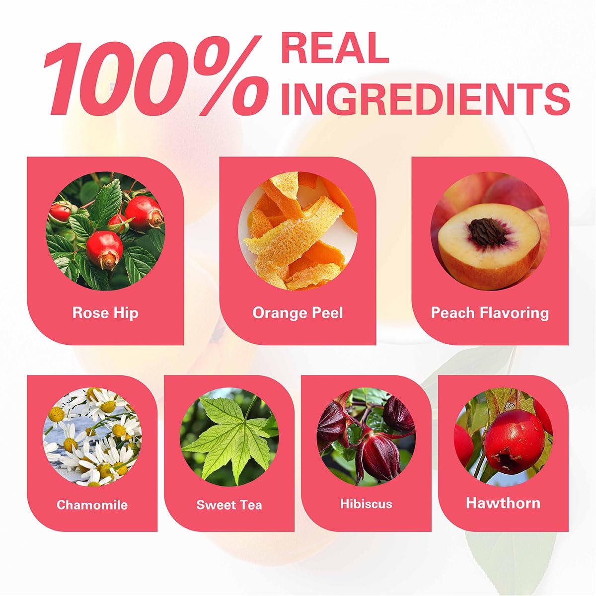 WT WEETEE Peach Herbal Tea Bags, Caffeine Free Tea Made with Rose Hip, Orange Peel, Hawthorn, Chamomile, Hibiscus & More, 100 Counts Peach and Herbs Good for Iced