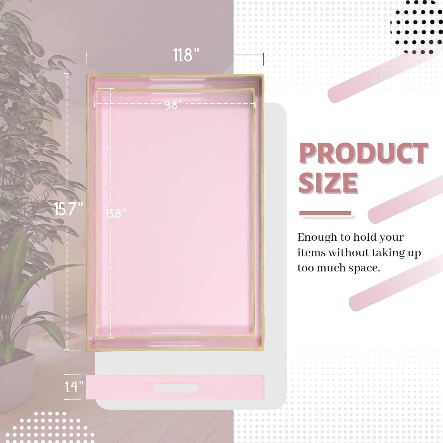 MAONAME Pink Serving Tray Set of 2, Plastic Decorative Trays with Handles, Rectangular Coffee Table Tray for Ottoman, Nesting Trays for Living Room, Bedroom