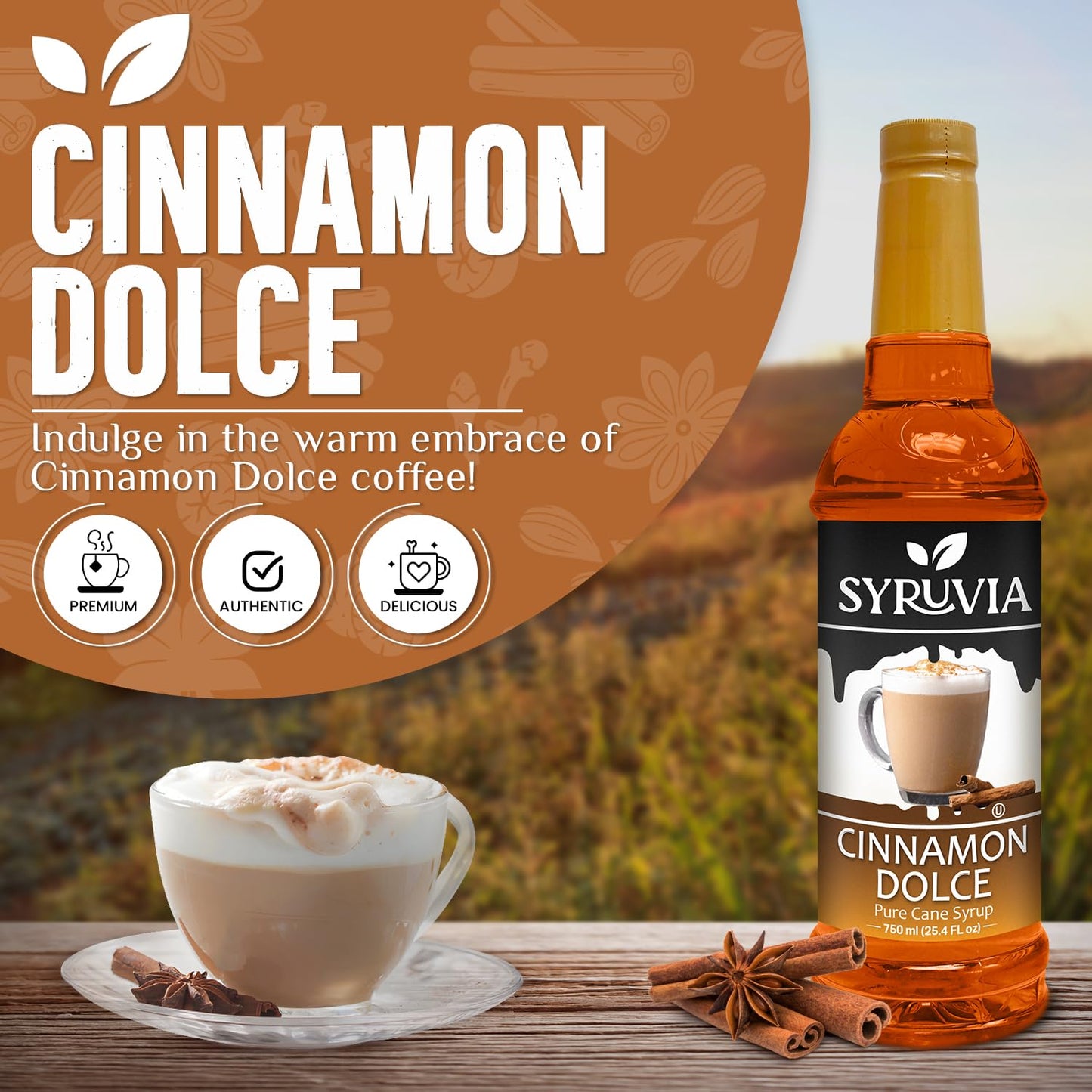 Syruvia Cinnamon Dolce Coffee Syrup - 25.4 fl oz. Kosher and Gluten-Free. Perfect for Enhancing Drinks, Sodas, Shakes, Desserts, and More.