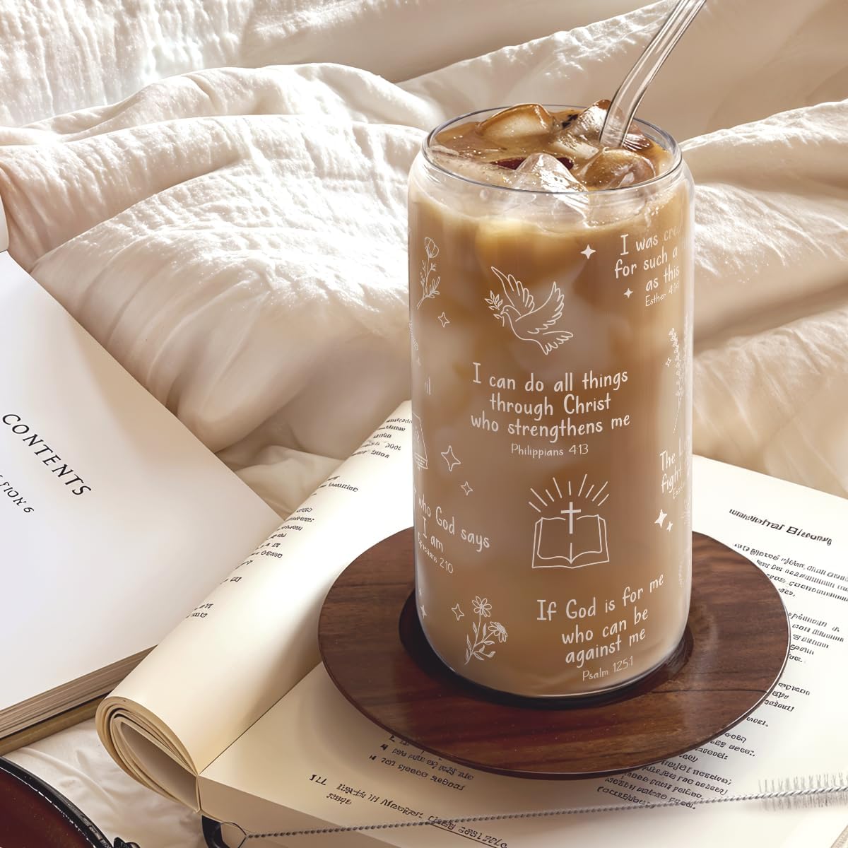 SANDJEST Christian Glass Can, I am Child of God Cup with Lid & Straw, Iced Coffee Aesthetic Cups, Idea Gift for Christmas Birthday, Gifts for Women, 16oz