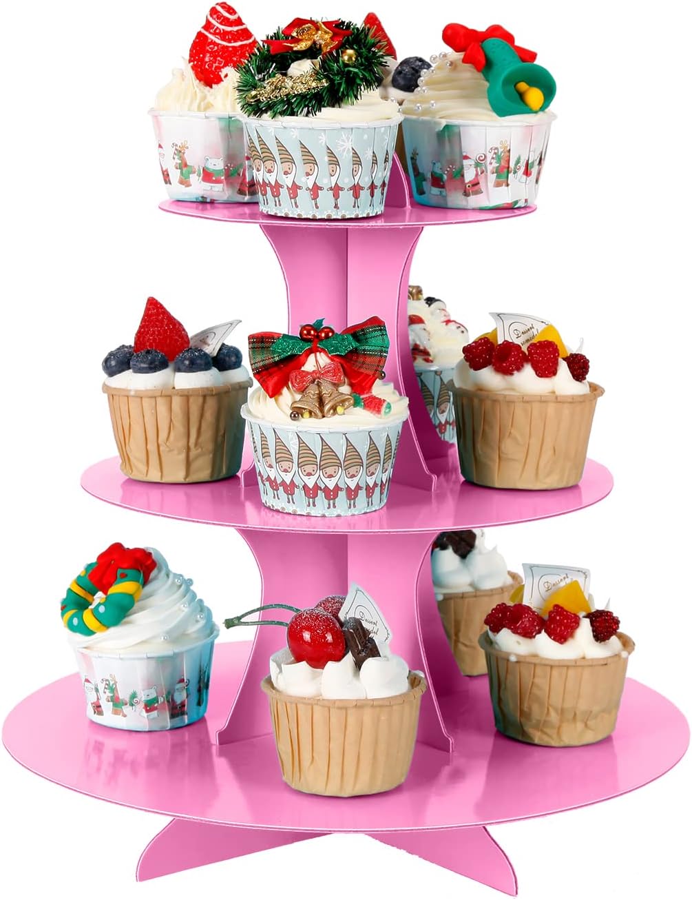 3-Tier Cupcake Stand, Cake Stand holder, Tiered DIY Cupcake Stand Tower for Dessert Table Displays, Birthday Theme Party Favors Decoration, Floral Tea Party, 12" W x 12.8" H, Pink