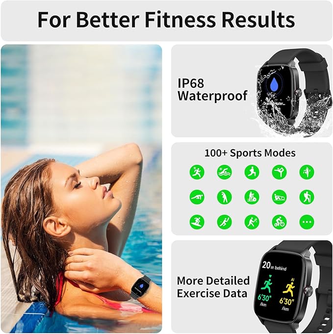 Smart Watch for Men Women, Bluetooth Calling, AI Built-in, IP68 Waterproof, Fitness Tracker, Sleep Monitoring, 1.85'' DIY Dial, 100+ Sports Modes, 7 Days Battery, Compatible with Android & iPhones