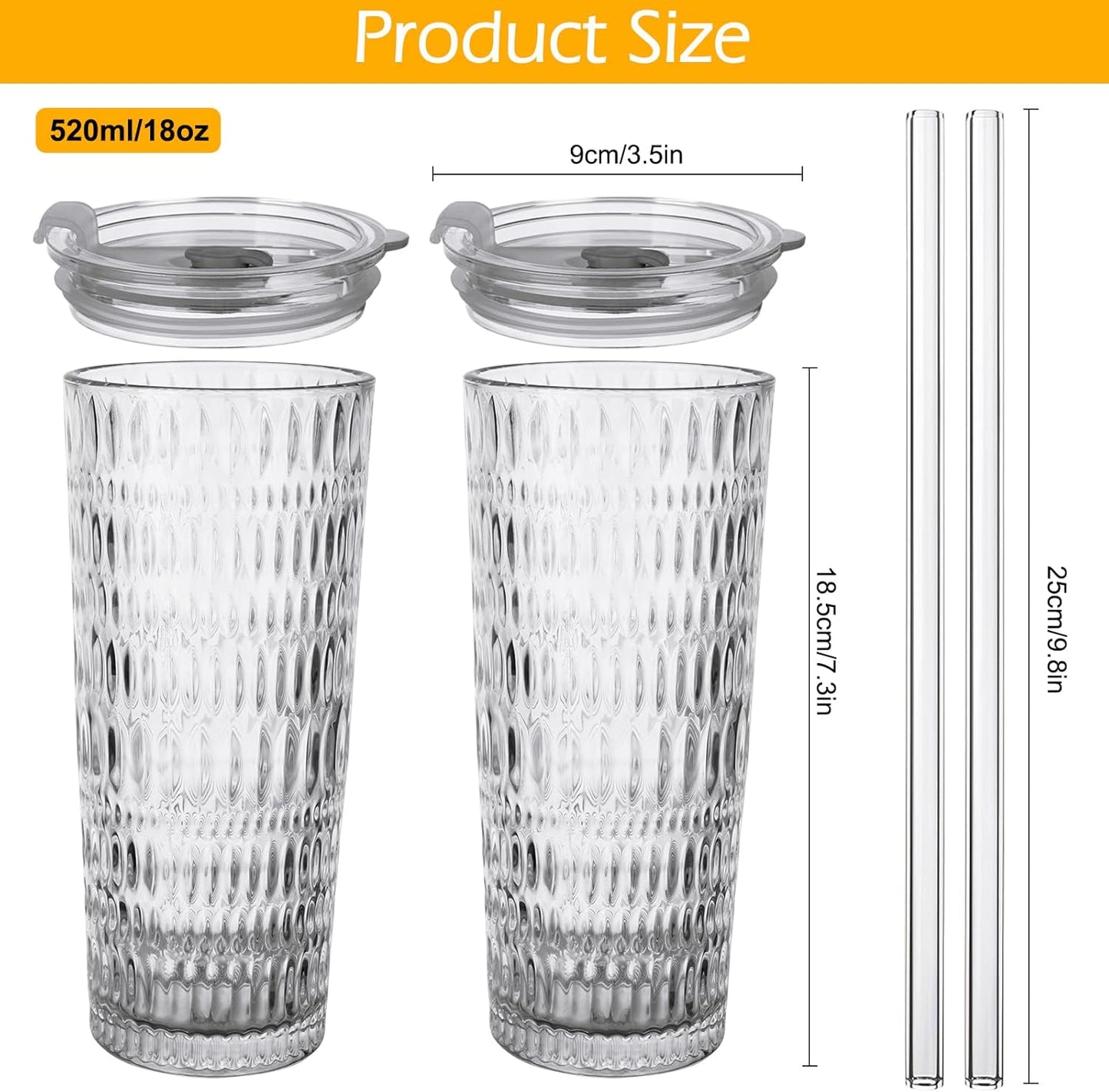 2 Pack Glass Tumblers with Lids and Straws 18oz: Leak-Proof Drinking Glasses with Airtight Lid, Stylish Water Ripple Design, Reusable Glass Iced Coffee Cups for Cold Drinks, Car Holder Fit
