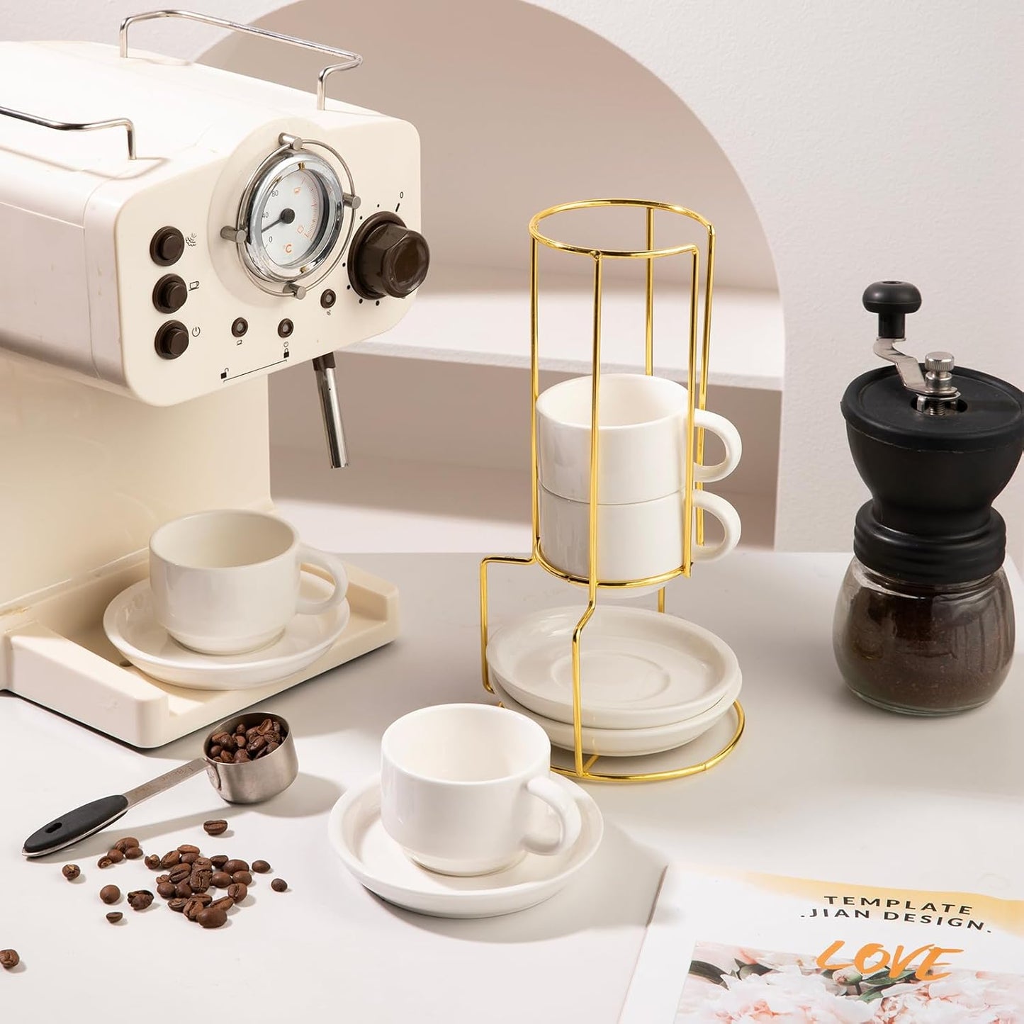 Sweejar Porcelain Espresso Cups with Saucers, 4 Ounce Stackable Cappuccino Cups with Metal Stand for Coffee Drinks, Latte, Tea - Set of 4 (White Gold Stand)