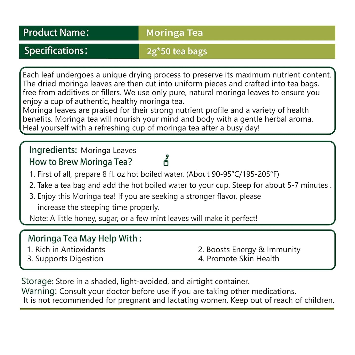 Samcci - Moringa Tea - 50 Tea Bags - Pure Moringa Leaves, Herbal Tea for Supporting Digestion & Immune System - Non-GMO - Vegan - Caffeine-Free - Natural Herbal