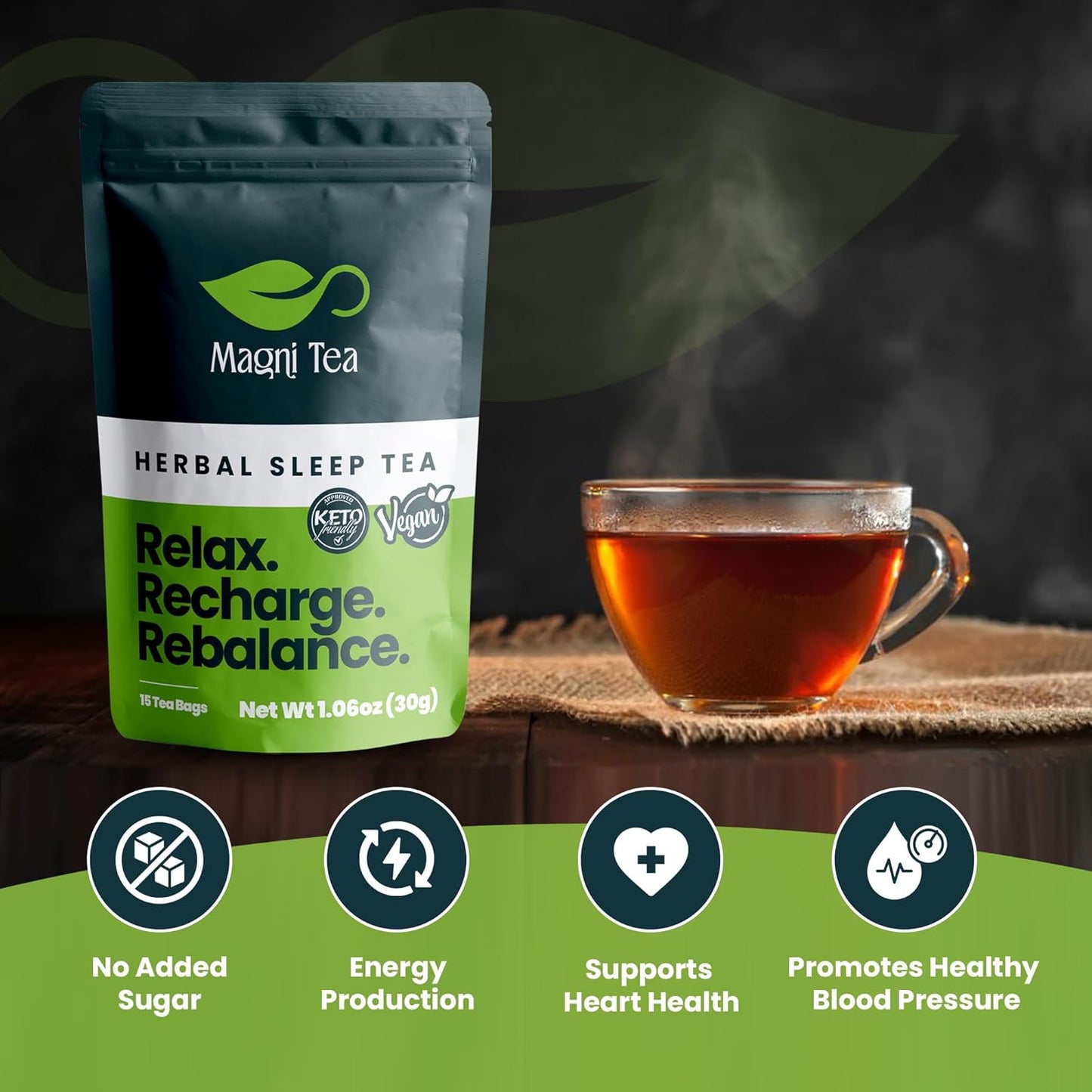 MagniTea Herbal Sleep Aid Magnesium Glycinate Muscle Relaxation Tea Ritual Valerian Root Bedtime Solution Natural Alternative KETO Friendly Vegan Certified Zero Sugar Chamomile Blend Stress Relief Melatonin Free