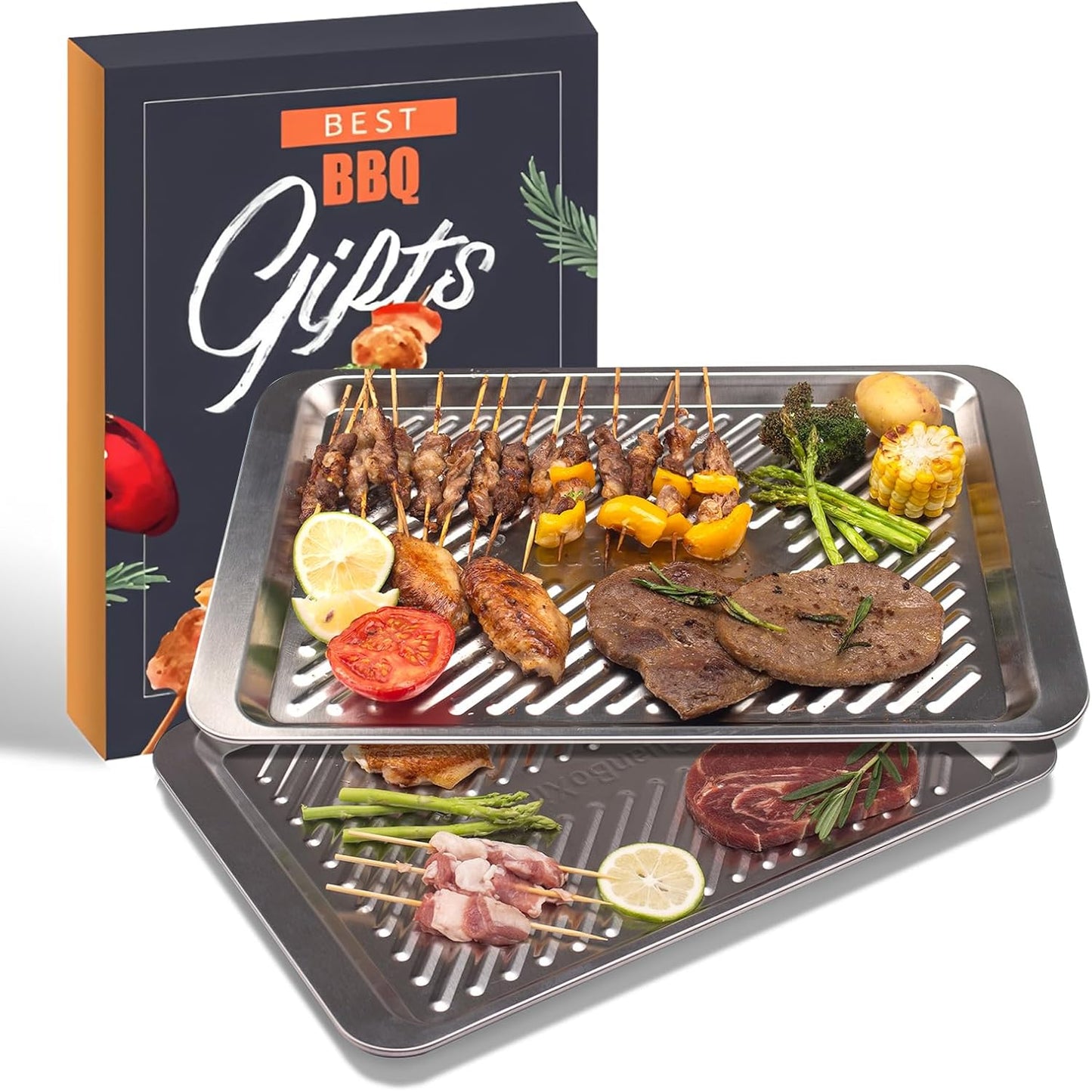 Grilling Prep and Serve Trays Set of 2 Stackable Stainless Steel BBQ Trays Marinating Tray Food Serving Platter for Cooked and Raw Meat BBQ Prep Tub Dishwasher Safe