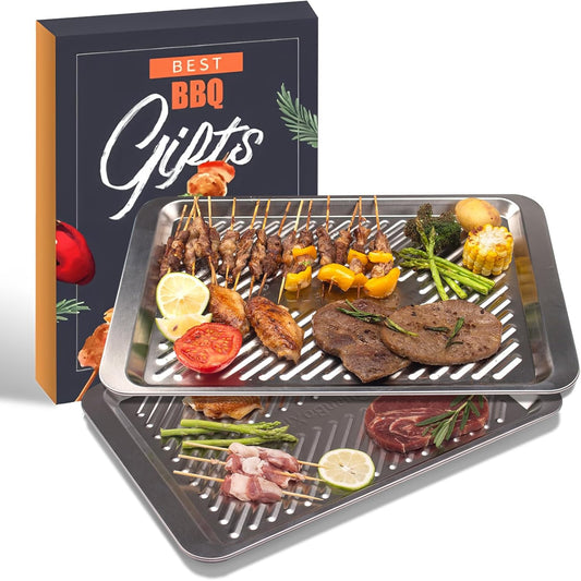 Grilling Prep and Serve Trays Set of 2 Stackable Stainless Steel BBQ Trays Marinating Tray Food Serving Platter for Cooked and Raw Meat BBQ Prep Tub Dishwasher Safe