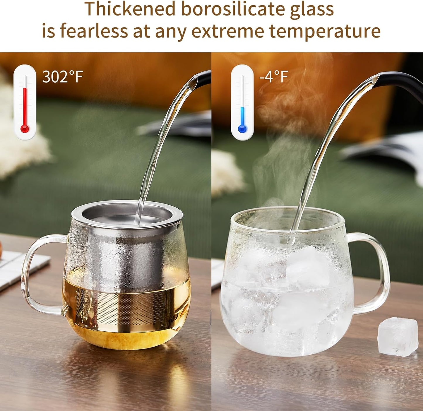 Glass Tea Cup with Infuser and Lid, 17.6oz/520ml Large Borosilicate Glass Teacup with Stailess Steel Filter, Clear Mug for Loose Leaf Blooming Tea, Dishwasher Safe - Tea Maker Gift