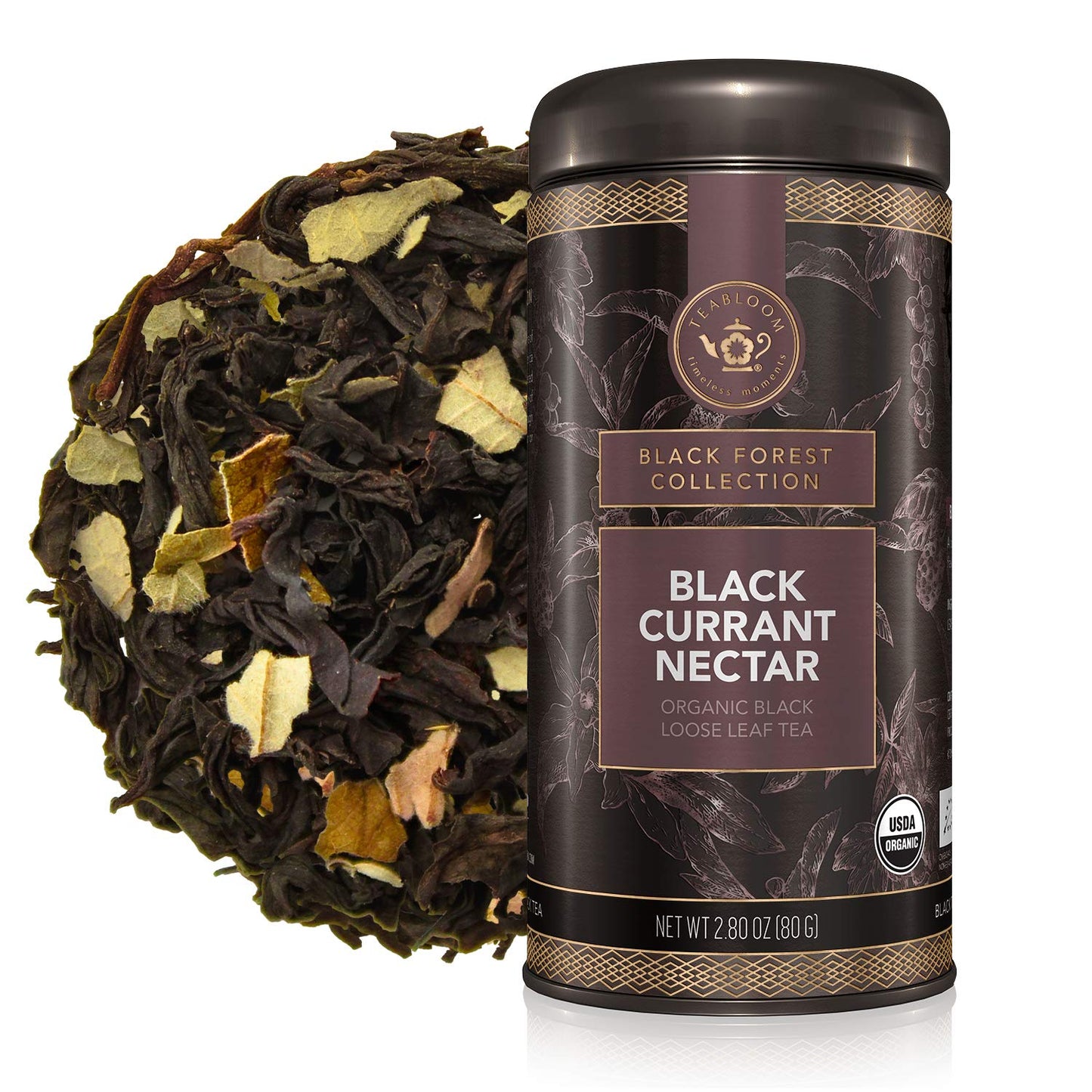 Teabloom Organic Black Tea, Black Currant Nectar Loose Leaf Tea, USDA Certified Organic, 2.80 Ounce Loose Leaf Tea Canister Makes 35-50 Cups