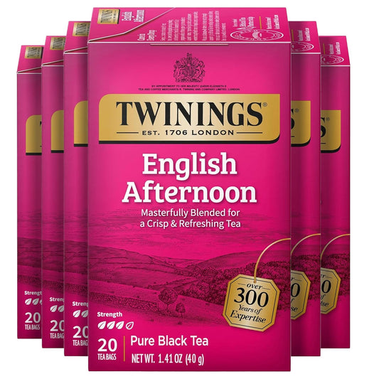 Twinings English Afternoon Black Tea Individually Wrapped Bags, 20 Count (Pack of 6), Smooth & Slightly Sweet, Caffeinated, Enjoy Hot or Iced, 120 Teabags