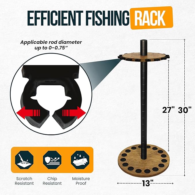 Rush Creek Creations | Round Fishing Rod Holder for 16 Freshwater Fishing Poles, Fishing Gear, and Fishing Accessories | Fishing Rod Rack with 16 Fishing Rod Clips for Garage Organization