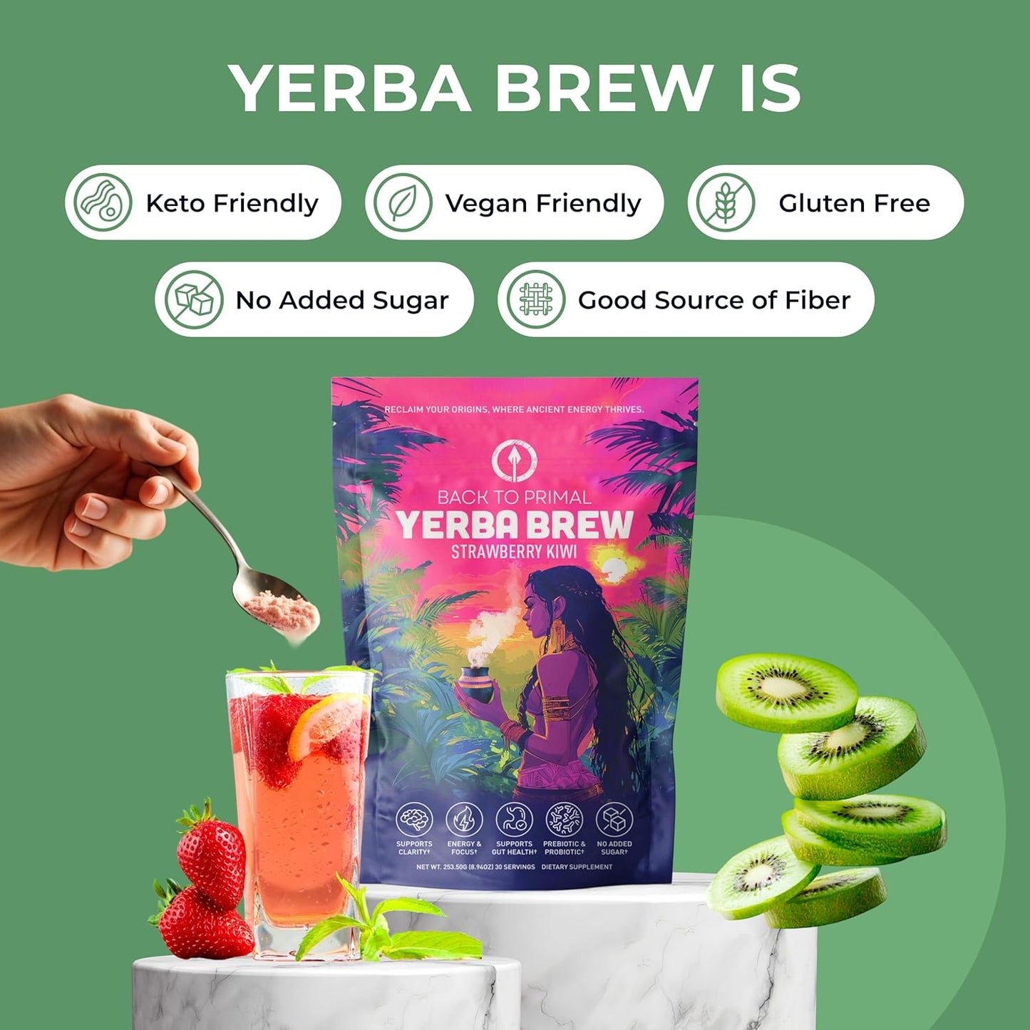 Yerba Mate Instant Tea Powder - Strawberry Kiwi, 4-in-1 Functional Blend, Supports Energy, Focus and Gut Health - Nootropic, Prebiotic & Probiotic Mix with Vitamin B3, B6 & B12 | 30 Servings