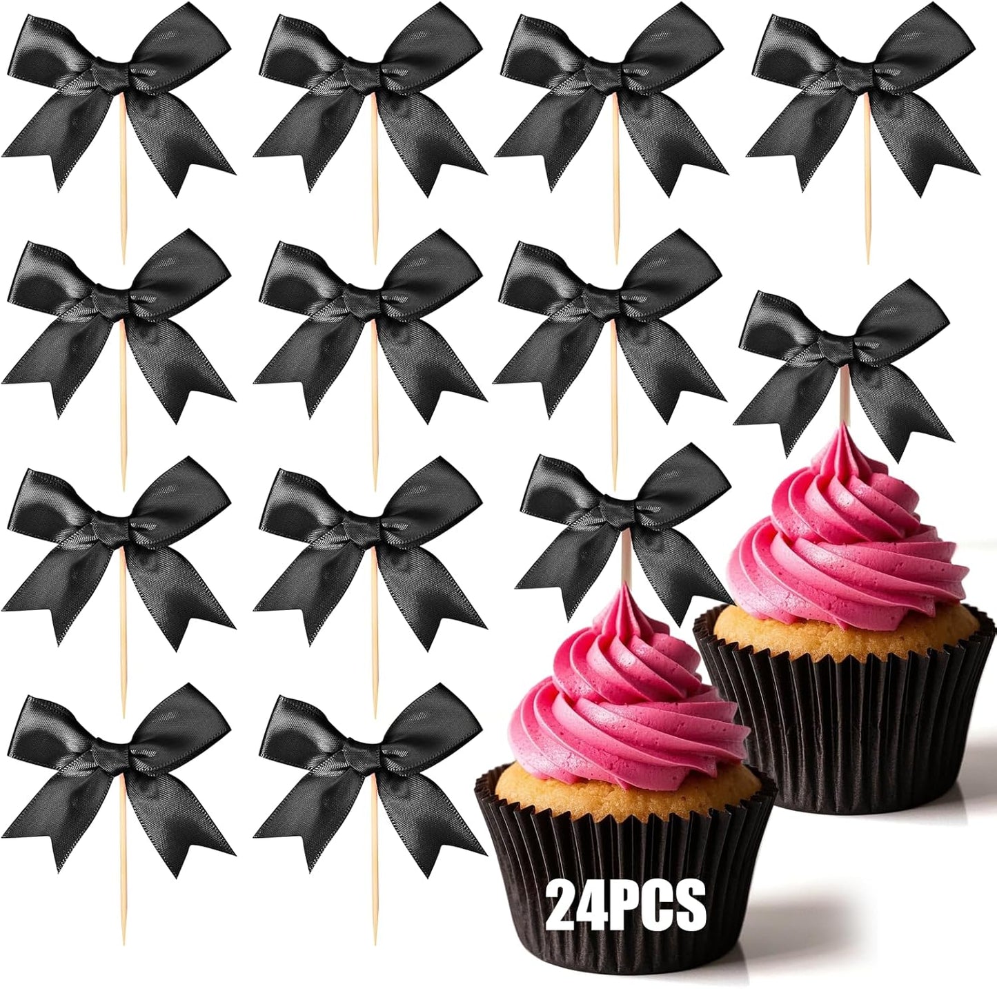 24Pcs Bow Cupcake Toppers - Black Bow Cake Topper Birthday Decorations, Bowknot Cupcake Picks for Coquette Bow Theme Party Decoration Bachelorette Bridal Engagement Wedding Baby Shower Party Decor