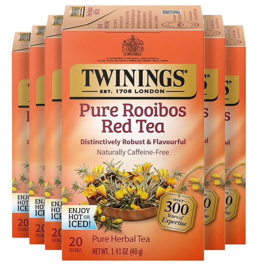 Twinings Pure Rooibos Red Herbal Tea Individually Wrapped Bags, 20 Count (Pack of 6), Sweet with Uplifting Aroma, Naturally Caffeine-Free, Enjoy Hot or Iced, 120 Teabags