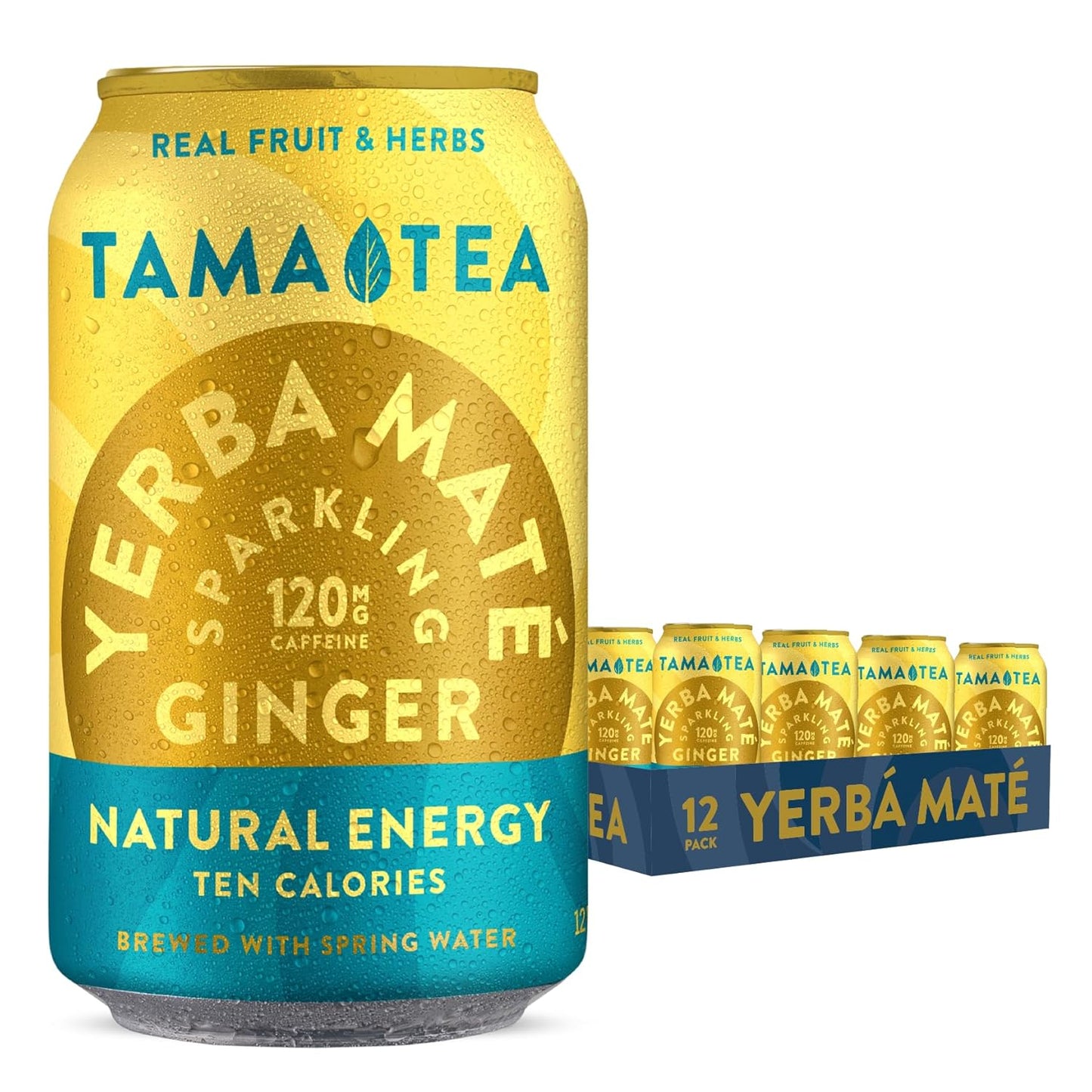 Sparkling Ginger Yerba Mate by Tama Tea - Unsweetened Natural Energy Drink with Real Fruit & Herbs - Healthy Caffeine Drink Alternative - 120mg of Brain-Boosting Caffeine, 10 Calories - 12oz Pack of 12