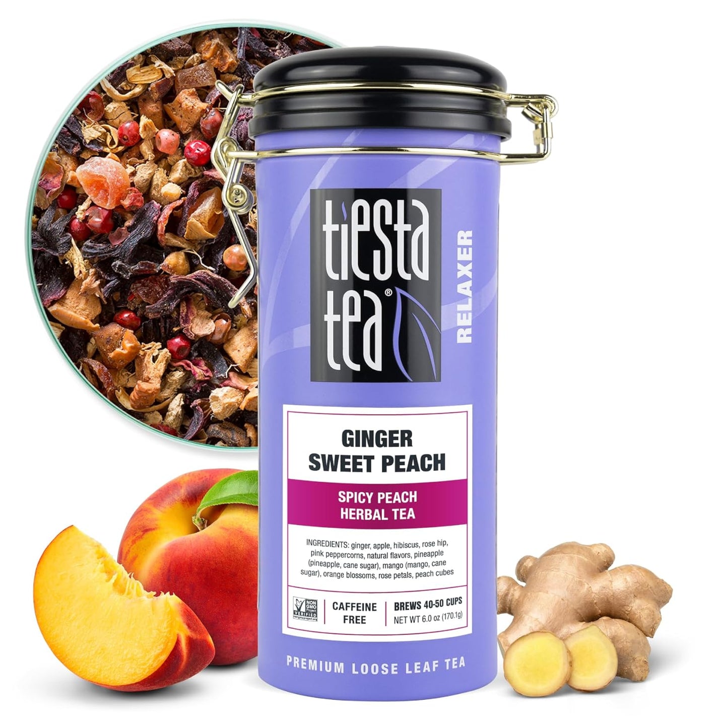 Tiesta Tea - Ginger Sweet Peach, Loose Leaf, Spicy Peach Herbal Tea, Tranquility Non-Caffeinated Blend, Bulk Hibiscus Leaves with Cane Sugar, Brews Up to 50 Cups, 6 Ounce Refillable Tin