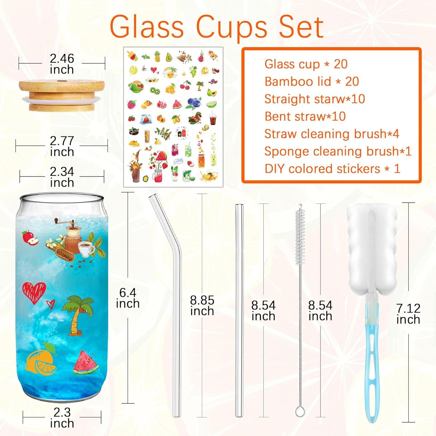 Glass Cups with Lids and Straws 20 Pcs 16 oz Ice Coffee Cup Skinny and Long Can Beer Cups Set Drinking Glasses with Bamboo Lids Reusable Glass Cups Ideal for Smoothies & Beverages