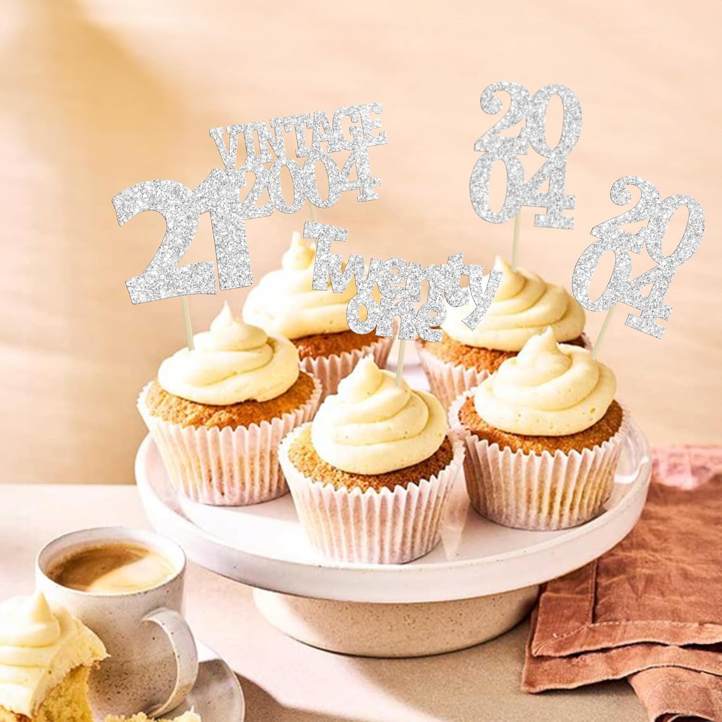 Gyufise 24Pcs 21st Birthday Cupcake Toppers Glitter Twenty-one Vintage 2004 Hello 21 Years Birthday Cupcake Picks Cheers to 21 Cake Decor for Happy 21st Anniversary Party Supplies Silver
