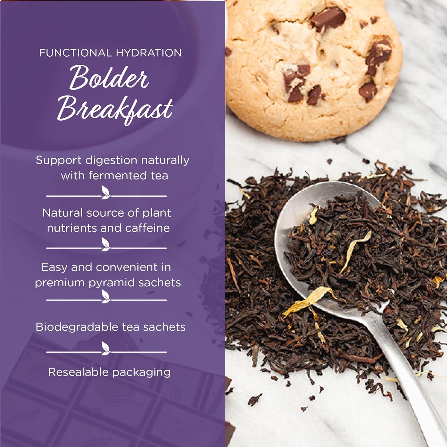 The Tea Spot Bolder Breakfast Tea with Dark Chocolate Flavoring | Blend of Black Tea, Pu’erh Tea, Calendula Flowers, Sunflower Petals, and Chocolate Flavoring | 15 Tea Bags