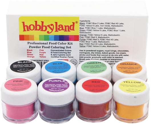 Hobbyland Powder Food Color Kit, Professional Powder Food Coloring Set, 8 Colors, 4 Gram Jars