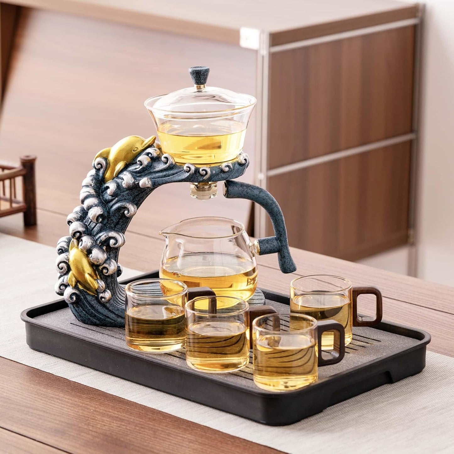 Glass Teapot Set with Infuser Semi Automatic Tea Set Magic Teapot (Dolphins)